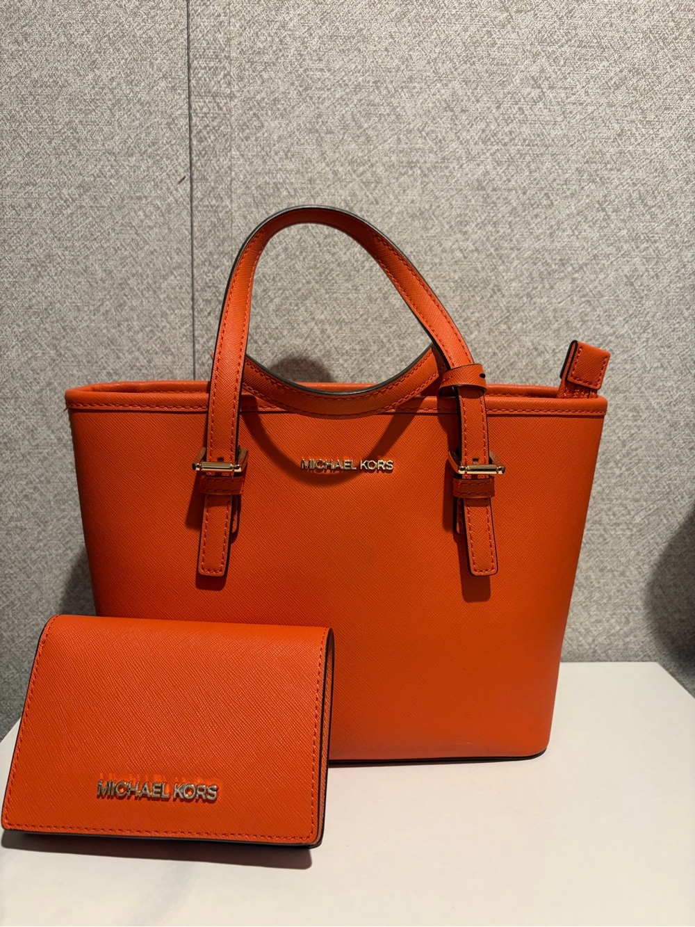 Michael Kors Orange Saffiano Tote with Matching Wallet Set